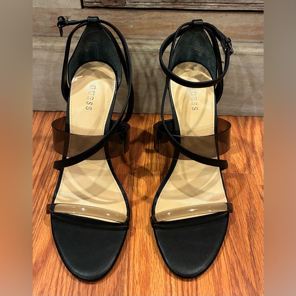 GUESS GWFELICIA Black Clear Strap Heels Women's Size 8.5M Open Toe Ankle Strap
